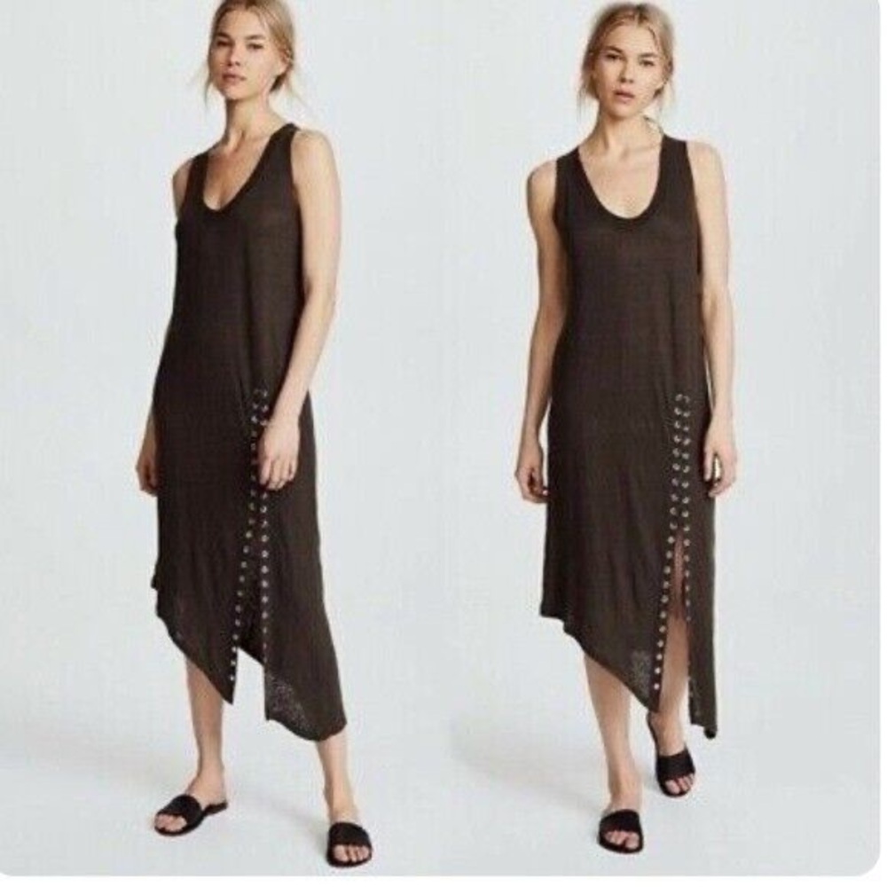 IRO Karossi Lace Up Asymmetric‎ Brown Midi Dress Burn Out Jersey Linen grunge XS